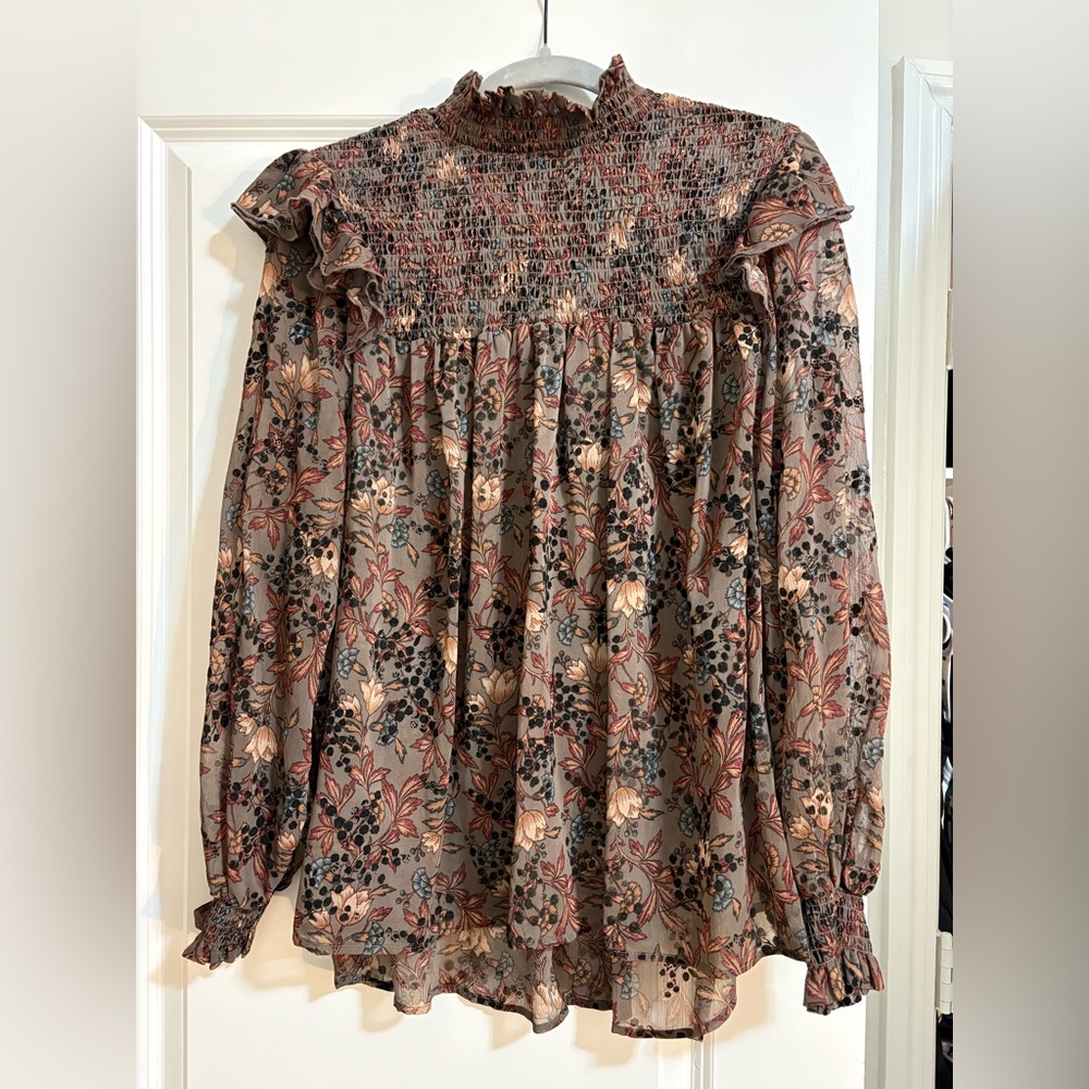 Knox Rose Floral Smocked Ruffle Neck Blouse - Dusty Rose, Cream, Navy